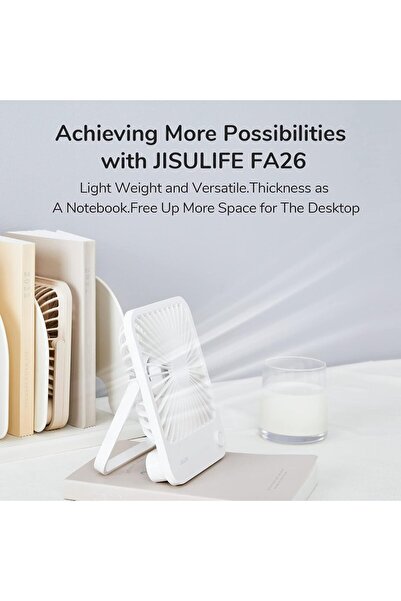 JISULIFE مروحة مكتب صغيرة تعمل بالبطارية، قابلة للطي بزاوية 180 درجة، محمولة، بأربع سرعات - أبيض