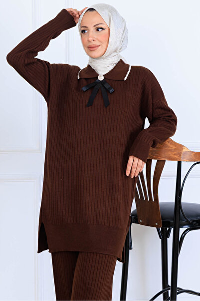 benguen Πλεκτό κοστούμι με λεπτομέρεια κορδέλας στο λαιμό S1064 Καφέ