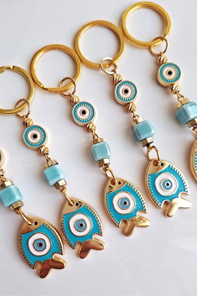 Svc Aksesuar Gift 5 pcs Turquoise Lucky Fish Keychain with Evil Eye Beads 10 cm