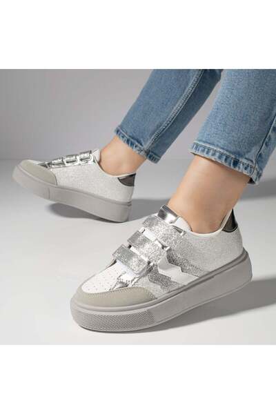 Modlet.ro Teniși argintii pentru femei cu baretă autoadezivă și talpă groasă ...