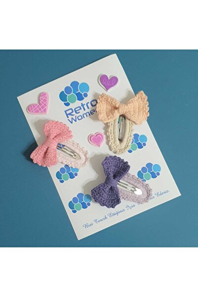 Retro Women Kız Çocuk Bebek Örgü Yün Fiyonk Hediyelik Yılbaşı Bayram Üçlü Ren...