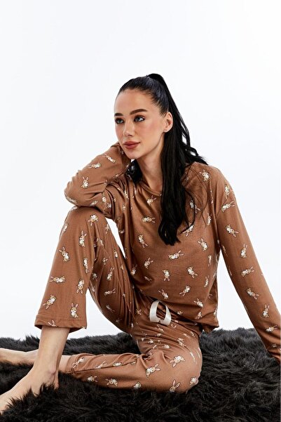lamelif Patterned Pajama Set Chocolate Brown
