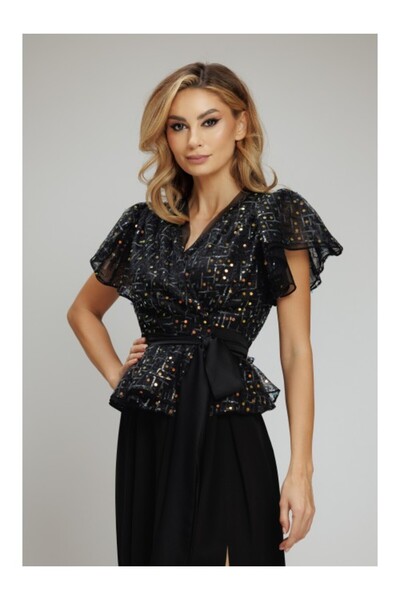 conceptAtrois Sequin Top with Flutter Sleeves - Black