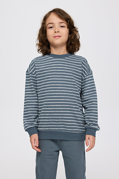 Panço Boy's Striped Patterned Petrol Sweatshirt