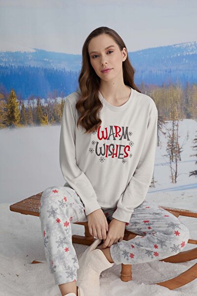 Aydoğan Women's Patterned Ecru Thermal Long Sleeve Pajama Set