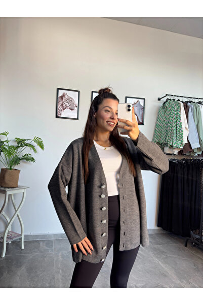 BS Antrasit Taş Düğme Oversize Hırka