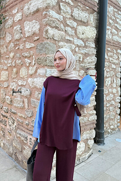 LOCCO Women's Side Buttoned Shirt Detailed Suit Burgundy