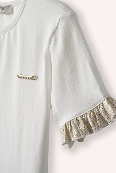 Panço Girl's Ecru 2-Piece Set with Metal Accessories T-Shirt and Gold Skirt