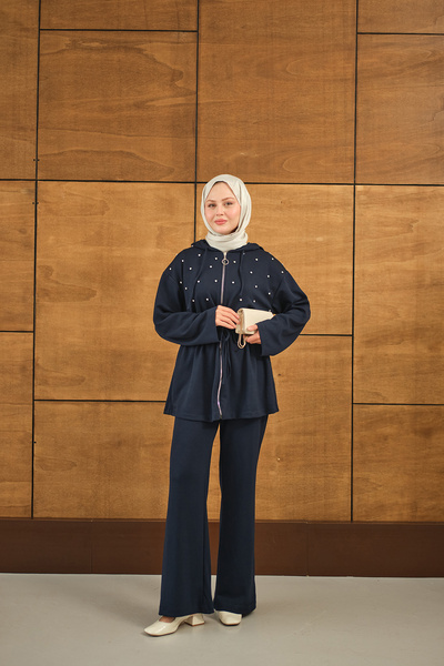 LOCCO Γυναικεία Πέτρινη Λεπτομέρεια με κουκούλα Σετ Ναυτικό Μπλε