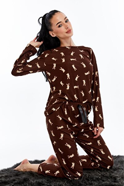 lamelif Patterned Pajama Set Bitter Brown