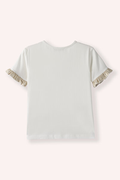 Panço Girl's Ecru 2-Piece Set with Metal Accessories T-Shirt and Gold Skirt