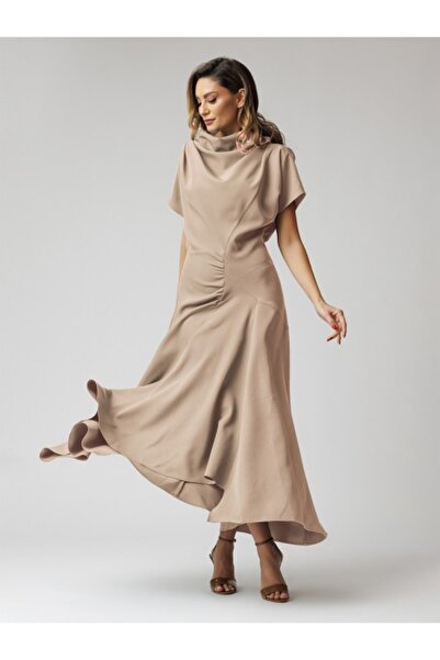 conceptAtrois Nude midi dress with front draping and collar