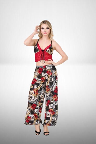 TUĞ HAN SİLVER Red S/M - L/Xl Size White Patterned Black Lace Bralette Top Suspender Women's Pajama Set