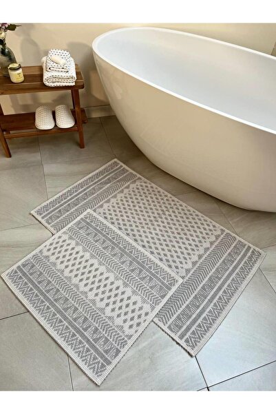 Bluenity Tapis Bukle Natural Cotton 2-Piece Bath Mat Set 60X100+50X60 cm - Gray