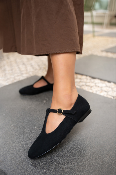 LAMİNTA Judi Black Suede Stripe Detailed Women's Ballerinas