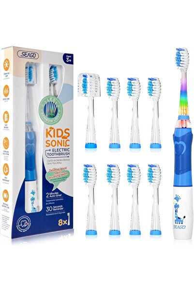 seago فرشاة أسنان كهربائية للأطفال SG-977 - مؤقت لمدة دقيقتين و8 رؤوس فرشاة بديلة، إضاءة LED بألوان قوس قزح، لون أزرق