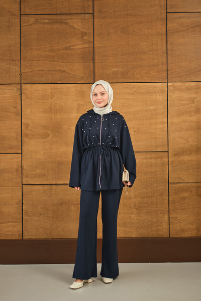 LOCCO Γυναικεία Πέτρινη Λεπτομέρεια με κουκούλα Σετ Ναυτικό Μπλε