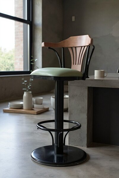 DENGEMA T168/75 Dönerli Bar Sandalyesi – Yeşil Deri Oturum, İnegöl Ceviz Sırt 75 cm Yükseklik