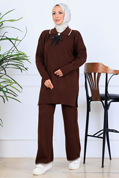 benguen Πλεκτό κοστούμι με λεπτομέρεια κορδέλας στο λαιμό S1064 Καφέ