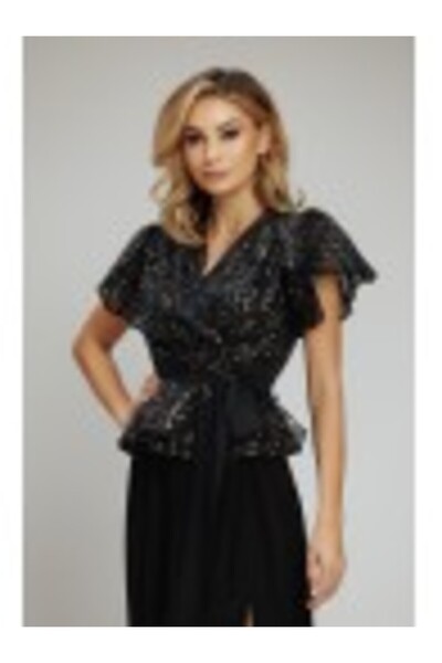 conceptAtrois Sequin Top with Flutter Sleeves - Black