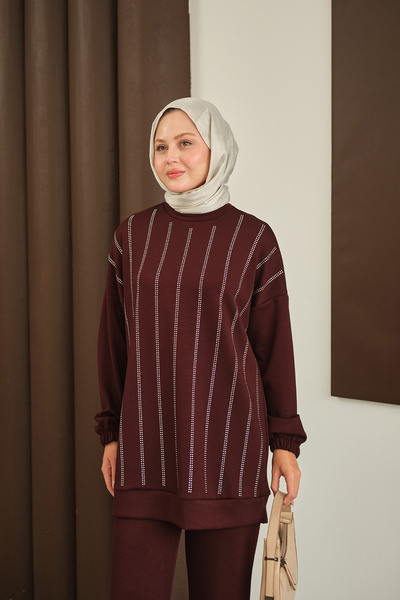 LOCCO Γυναικείο Σετ Πέτρινη Λεπτομέρεια Βουργουνδίας