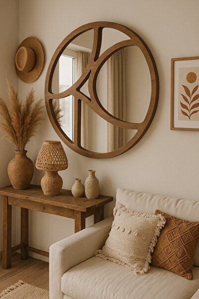 arykanda PATARA STONE CIRCLE DUVAR AYNASI - AHŞAP AYNA - MİNİMALİST AYNA