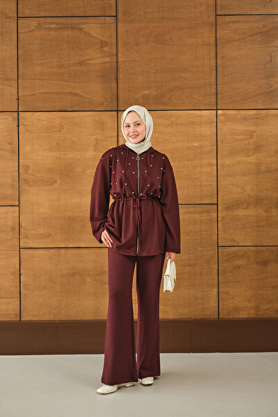 LOCCO Γυναικεία Πέτρινη Λεπτομέρεια με κουκούλα Σετ Βουργουνδίας