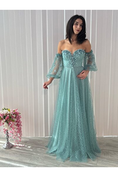 Always Dress Çağla yeşili simli balon kollu elbise