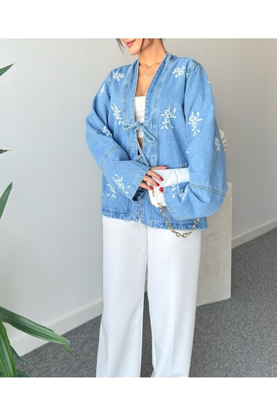 Lavanta Tekstil Τζιν μπουφάν με κορδόνια με λεπτομέρεια κεντήματος