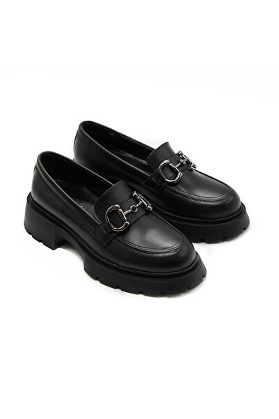 Demalis Women's black loafers with thick sole, genuine leather (model 132)