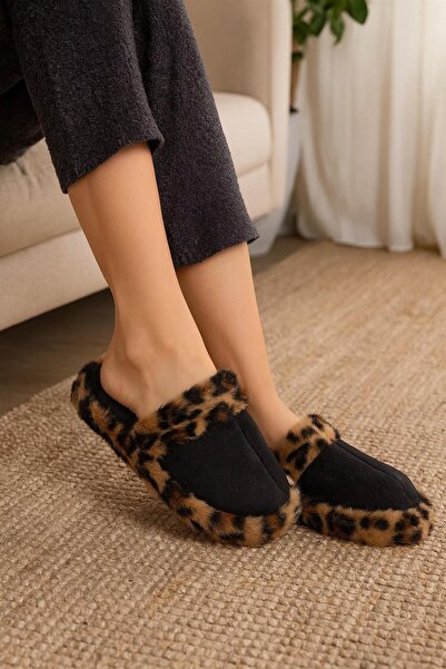 MODAONN Leopar Desenli Kışlık Sessiz Ev Terliği
