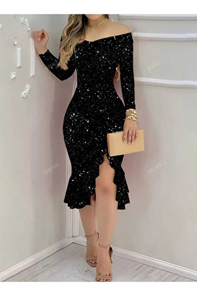 Guangdong Spirit UZUN KOLLU SİYAH PAYETLİ MİNİ ELBİSE YÜKSEK YIRTK VE BÜZGÜLÜ...