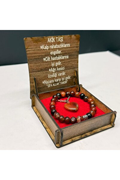 VURAL BİJUTERİ Özel Ahşap Kutulu Kahverengi Siyah Akik Taşı Bileklik Kolye Seti