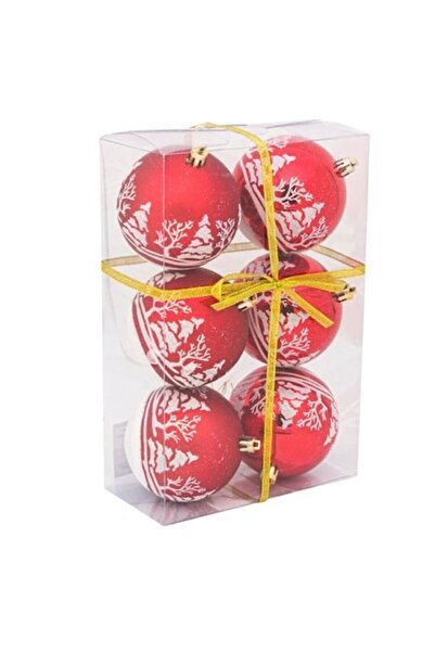 Christmas Set de 6 globuri de brad, roșu/alb, cu peisaj, 8 cm