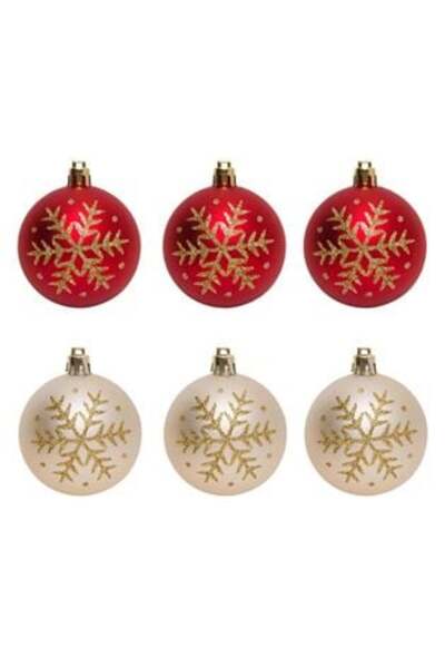 BAMI NETWORK Set Globuri de Craciun Rosii Bej Fulgi Glitter Ø6cm - 6buc