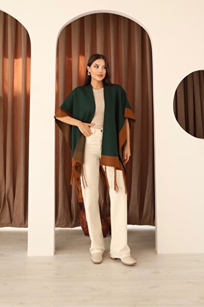 CARLA MARA Green Tasseled Color Block Winter Knitwear Poncho