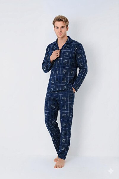 Free Beka Синій картатий довгий рукав сорочка комір на ґудзиках чоловічий піжамний комплект