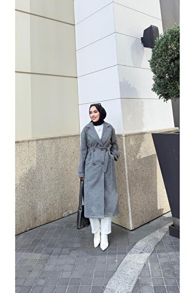 BRN IŞIK TESETTÜR Kadın Düğmeli Kaşe Kaban