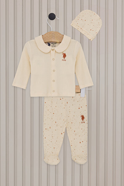 U.S. Polo Assn. Baby Girl Cream Sky Patterned Ribbed 100% Cotton 3-Piece Pajama Set 50322801-Vr071