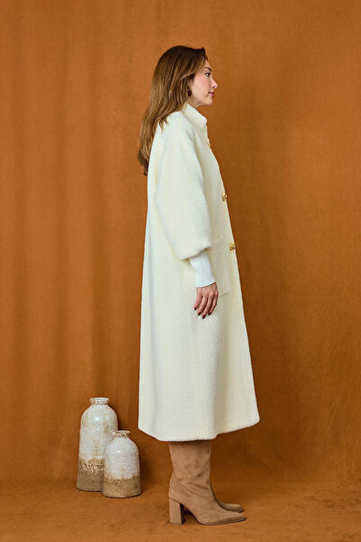 Lale Butik Angora Coat with Brooch Detail 15231 Ecru