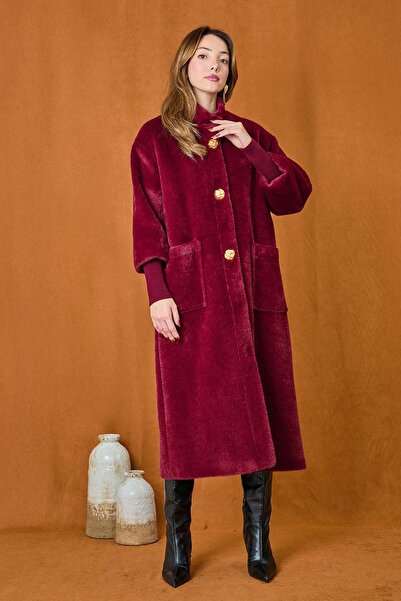 Lale Butik Brooch Detailed Angora Coat 15231 Burgundy