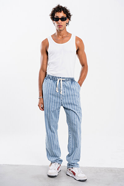 Denim Republic Men's Ice Blue Striped Loose Pants Gabardine