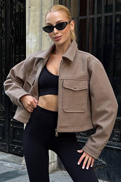 VAGGON Kadın Vizon Çift Cepli Fermuar Kapamalı Kaşe Ceket Vs01393