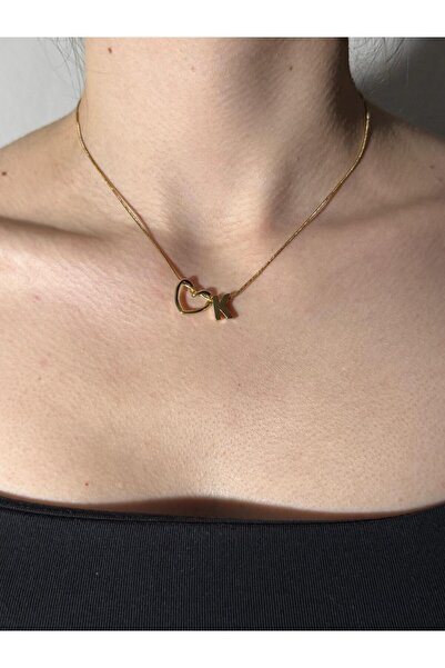 Sirena Accessories Kalp Detaylı Gold Kaplama Paslanmaz Çelik Harfli Kolye