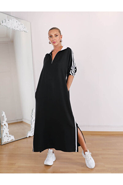 QİMYA BUTİK Γυναικείο φόρεμα με φερμουάρ, γιακά με 3 ρίγες, OVERSIZED, μακρυμάνικο, μακρύ φόρεμα με μπουκέτο