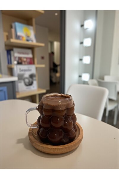 KRD Home 6'LI BALONCUK MODEL BAMBU TABAKLI CAM BARDAK KAHVE FİNCANI