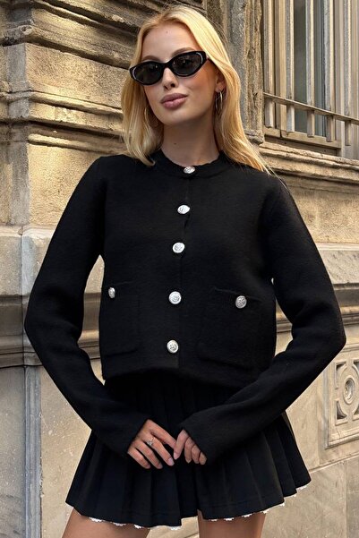 VAGGON Women's Black Crew Neck Double Pocket Buttoned Knitwear Cardigan Vs01397