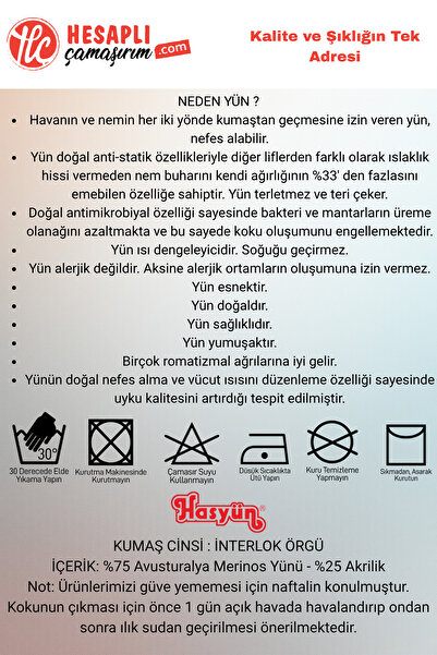 Hasyün Erkek %75 Yün Ter Emici Kaşındırmaz İçlik Uzun Kol Üst Alt Takım