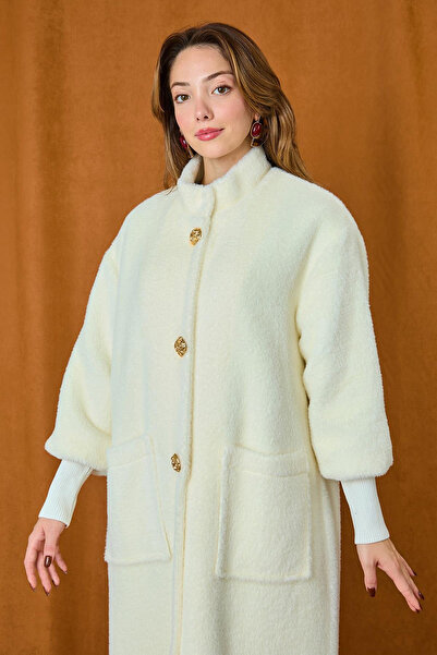 Lale Butik Angora Coat with Brooch Detail 15231 Ecru