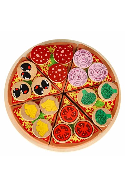 SOLLUXE Set pizza din lemn pentru copii cu ingrediente velcro, farfurie si accesorii